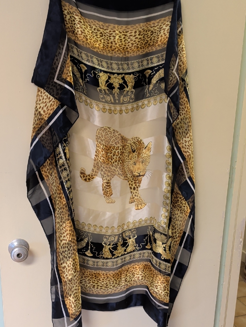 Leopard Print Silk-Feel Scarf with Center Cat Motif